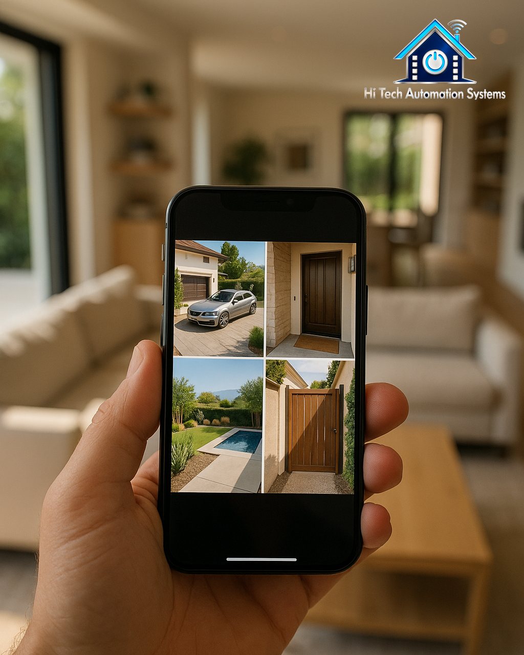 A phone showing four live home security camera views, a living room blurred behind.