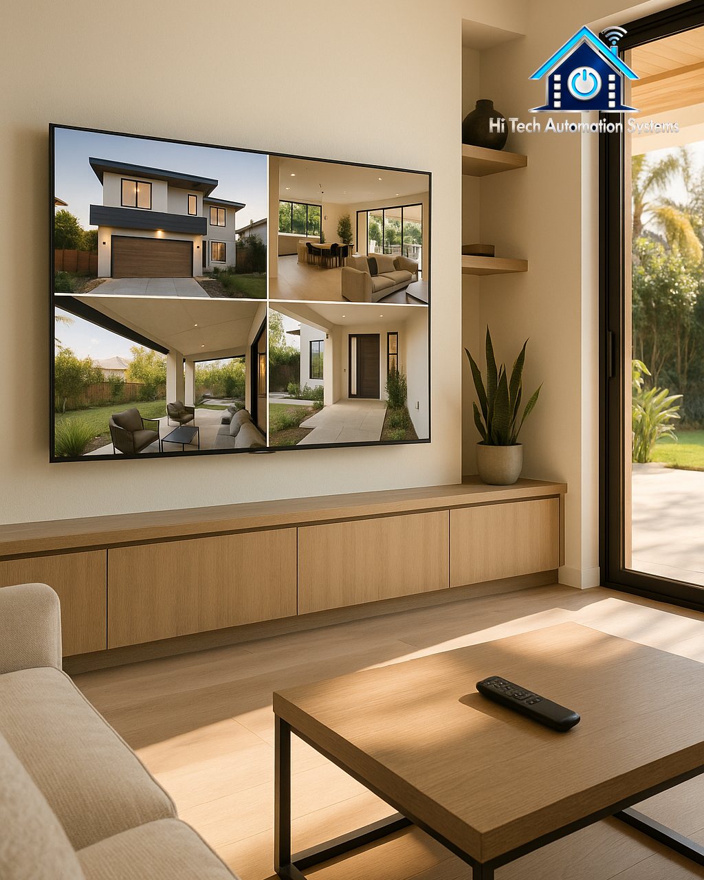 A family-room TV showing live security camera views in a grid.