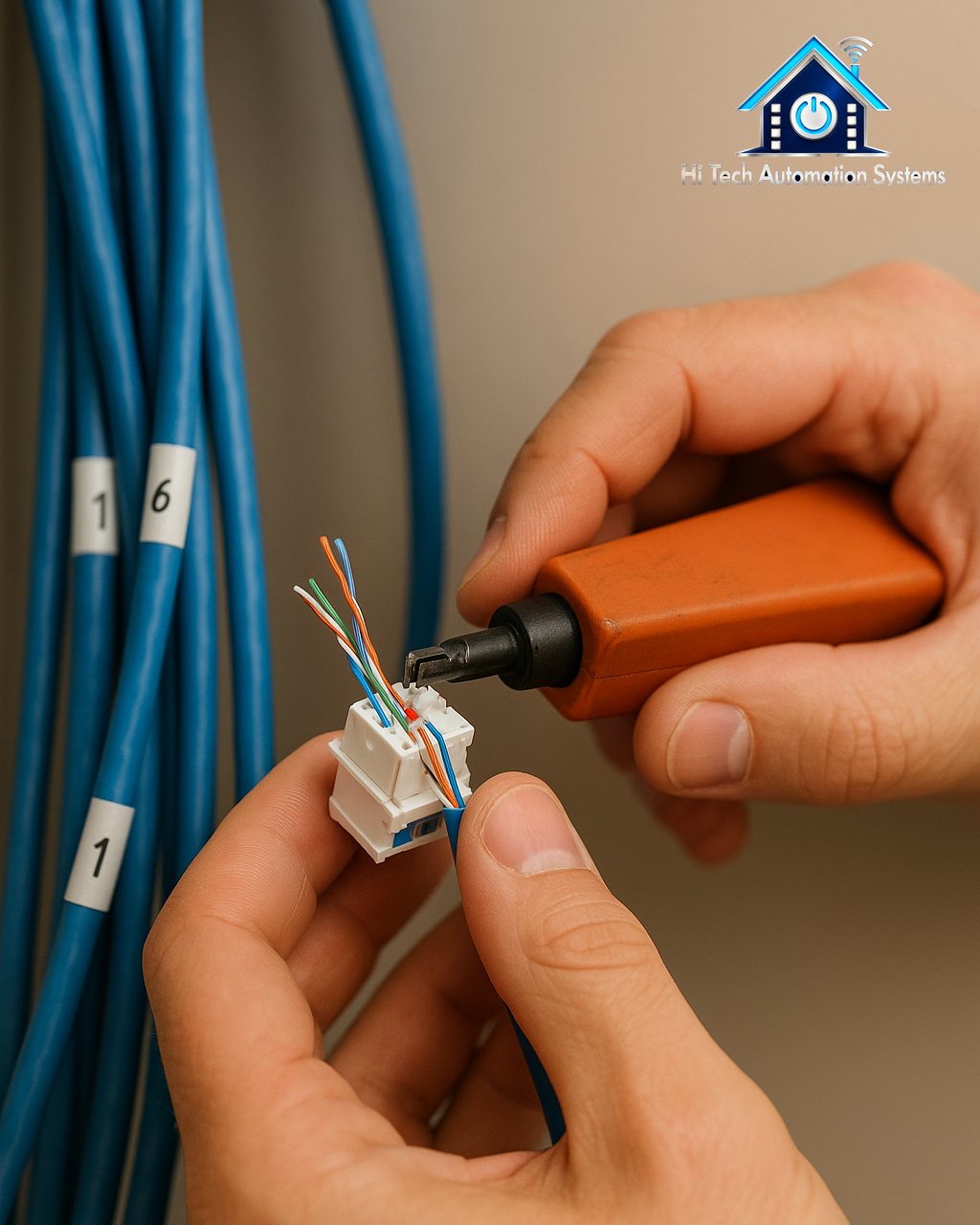 Hands terminating a blue network cable into a keystone jack.