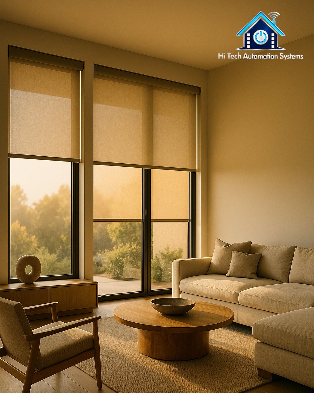 Motorized roller shades lowering over floor-to-ceiling windows.