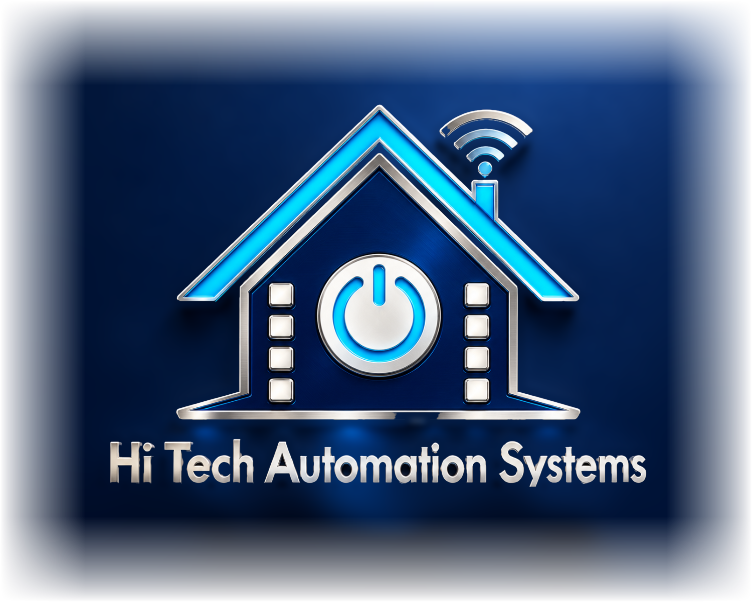 Hi Tech Automation Systems logo: a house with a power button and a Wi-Fi signal