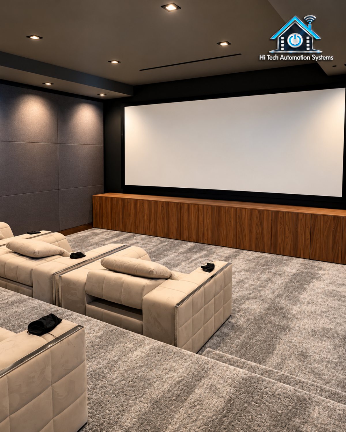 Media room with a large screen, light sectional seating, a wood accent wall and soft ceiling lighting.