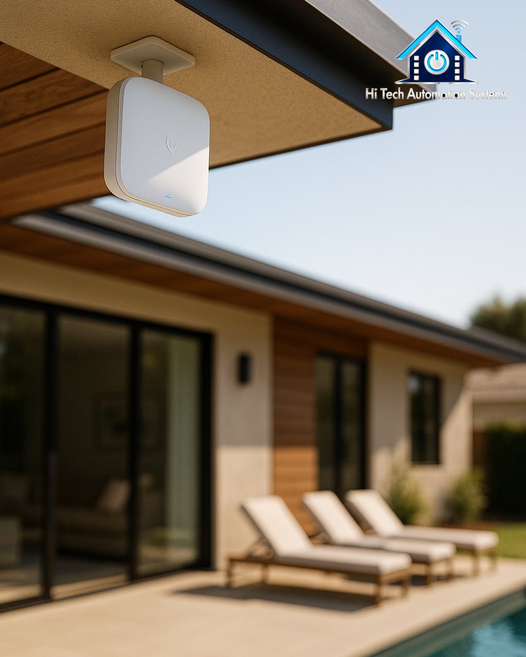 An outdoor Wi-Fi access point under a patio eave, a pool blurred behind.