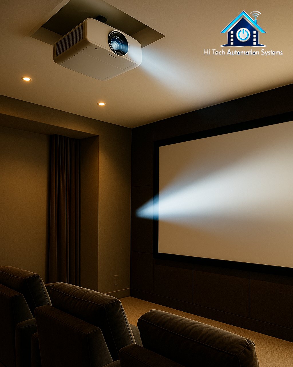 A ceiling-mounted projector beaming onto a large screen in a dark home theater.