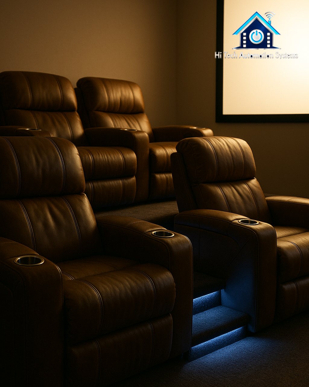 Leather theater recliners with blue step lighting in front of a glowing screen.