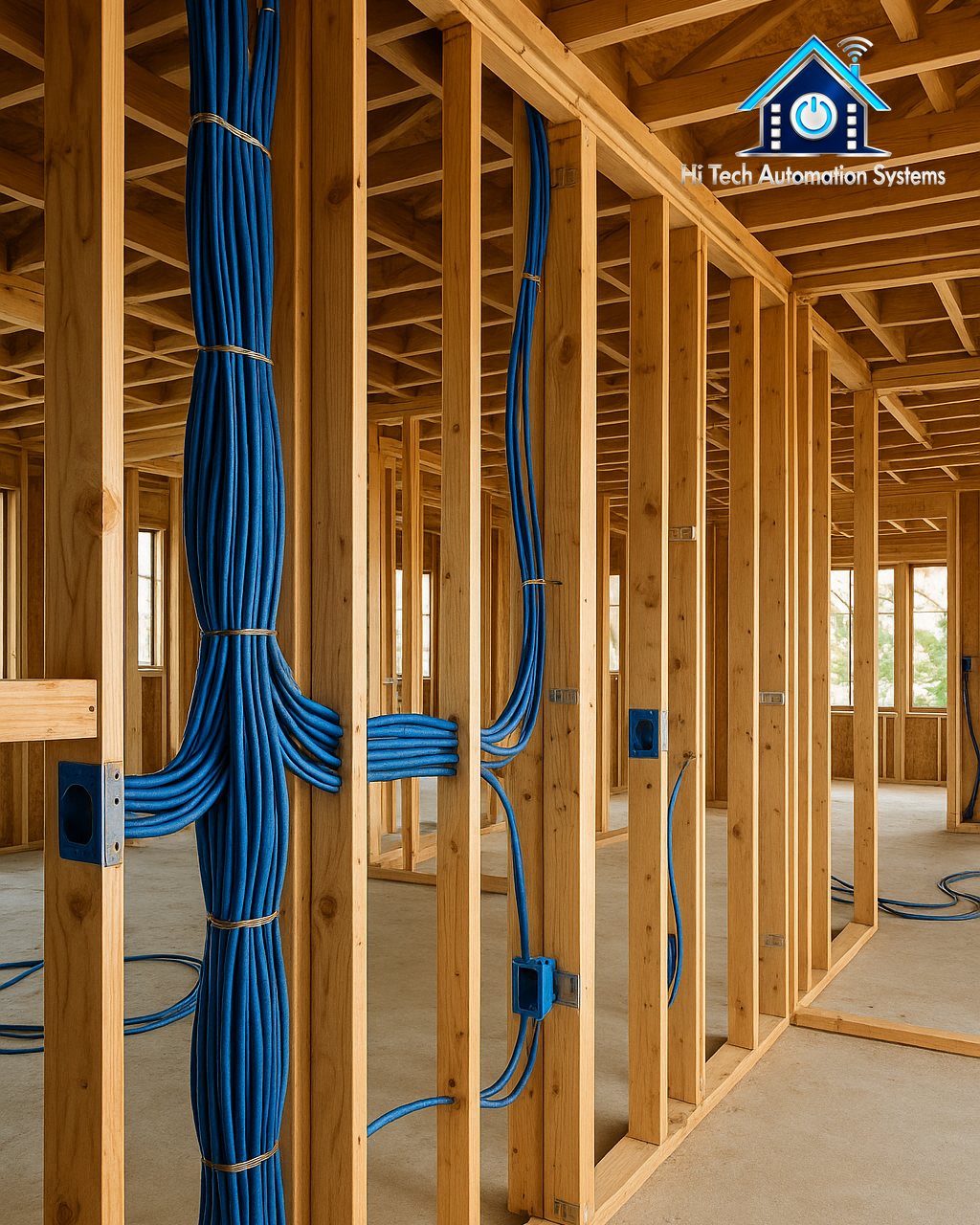 Prewire in a home under construction: blue low-voltage cables strapped through open studs, with mud rings and nail guards.