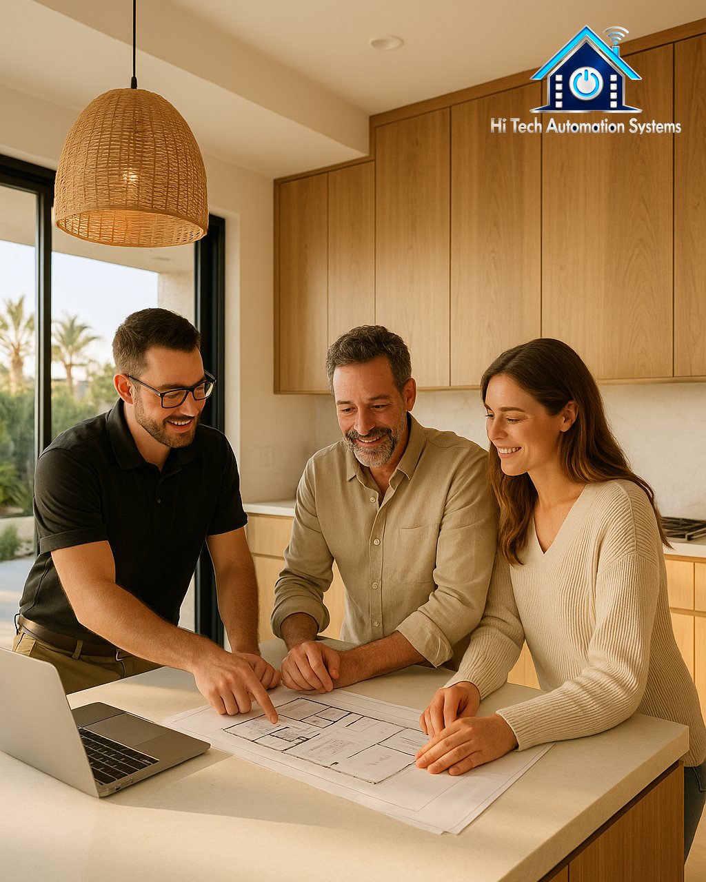 A consultant and homeowners reviewing floor plans at a kitchen island.