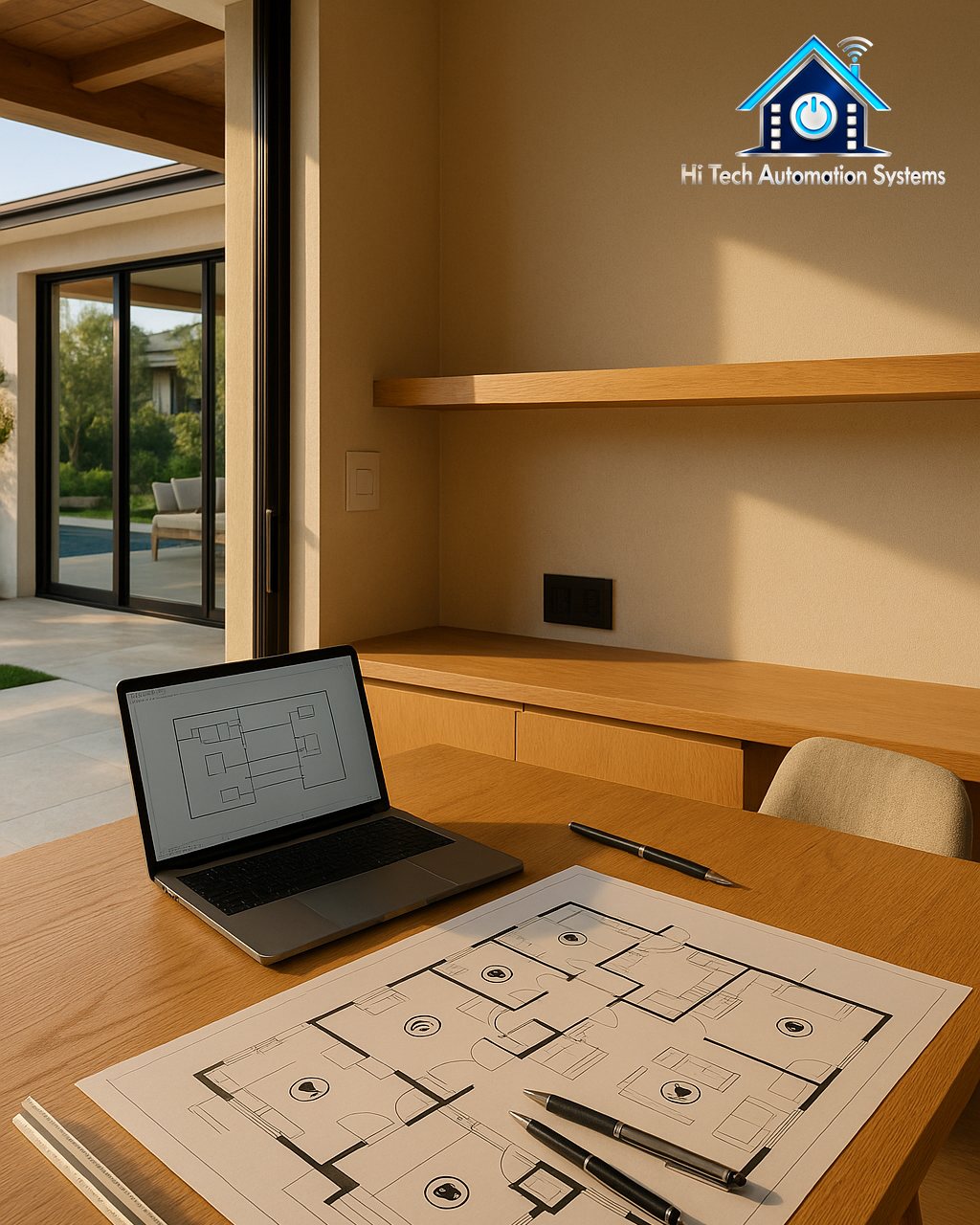 Floor plans marked with low-voltage locations next to a laptop showing a wiring diagram.