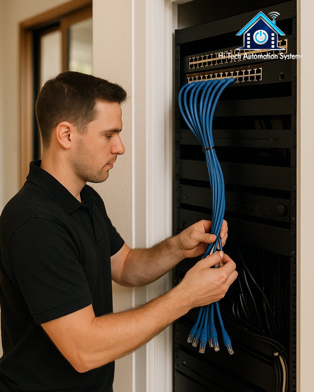 A technician dressing and labelling cables in an equipment rack.