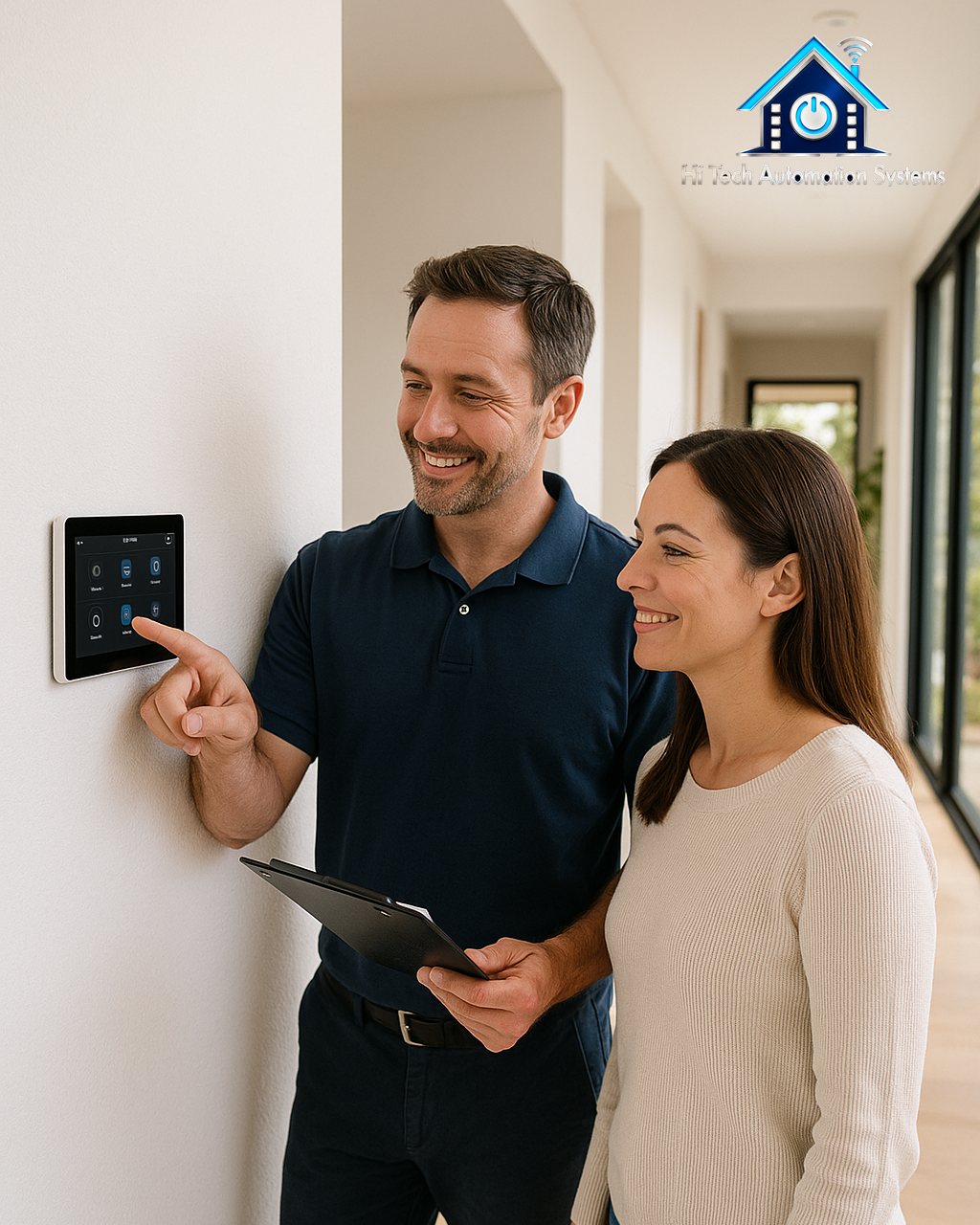 A technician showing a homeowner how to use a wall touch panel.