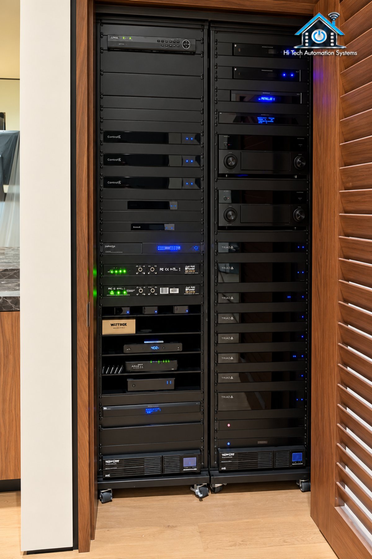 Equipment rack of audio, video, network and control components behind louvered cabinet doors.