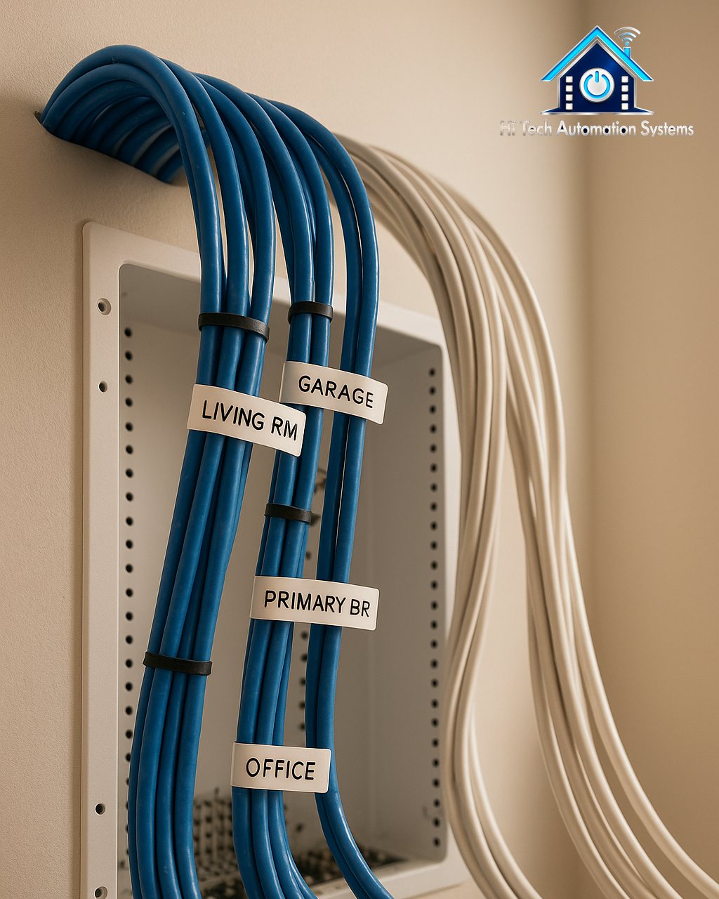 Labelled low-voltage cables entering a structured wiring enclosure.