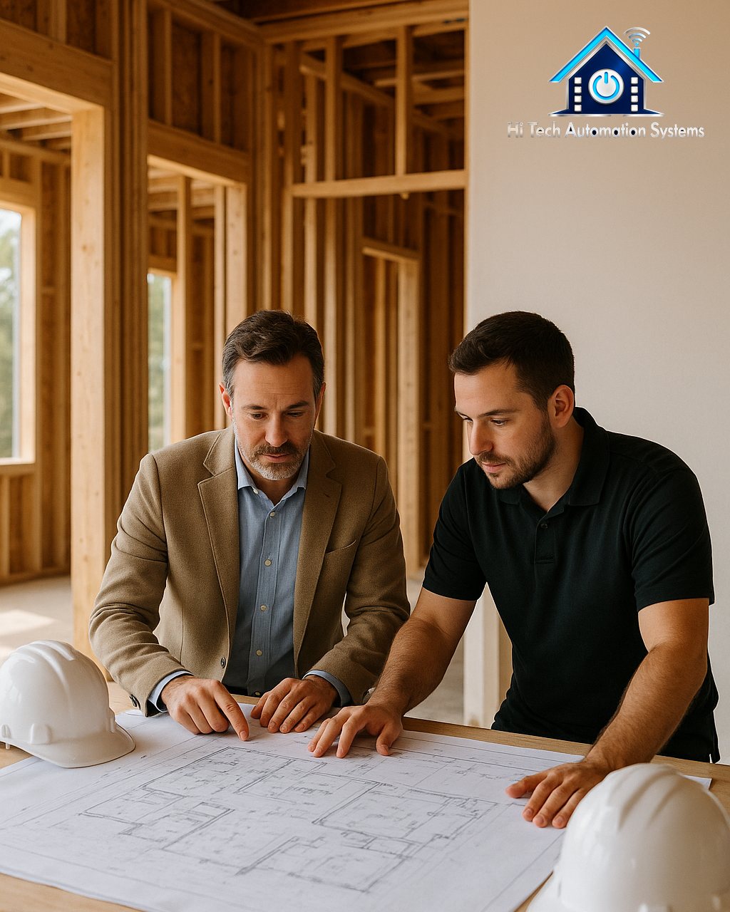 An architect and an integrator reviewing blueprints at a construction site.
