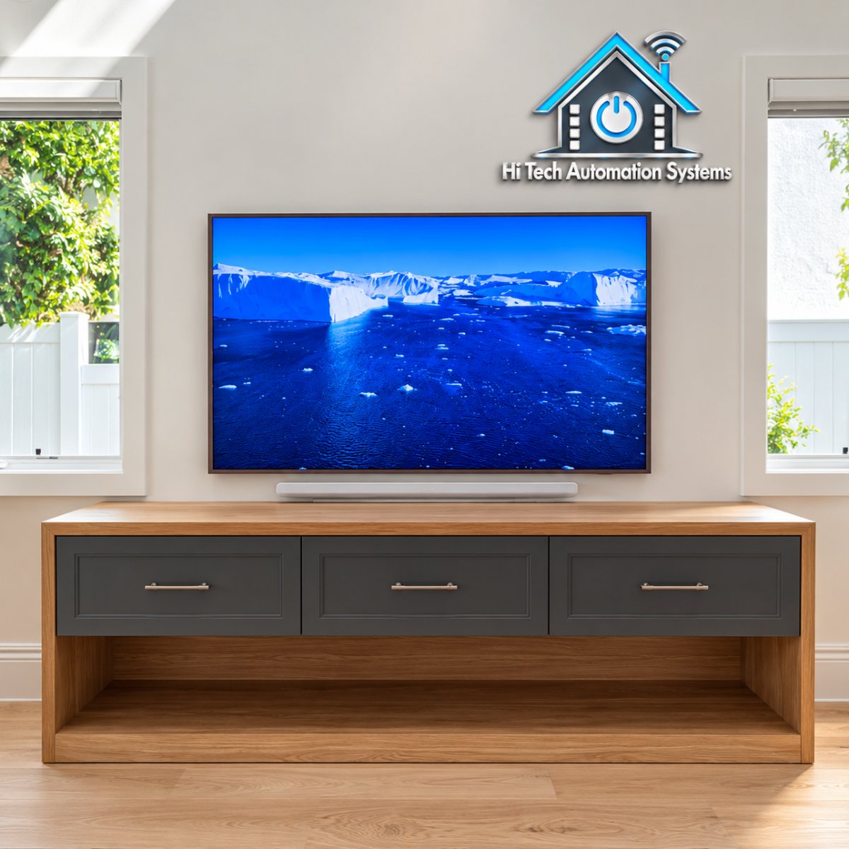 Bright living room with a wall-mounted television above a wood media console, daylight windows on both sides and greenery outside.