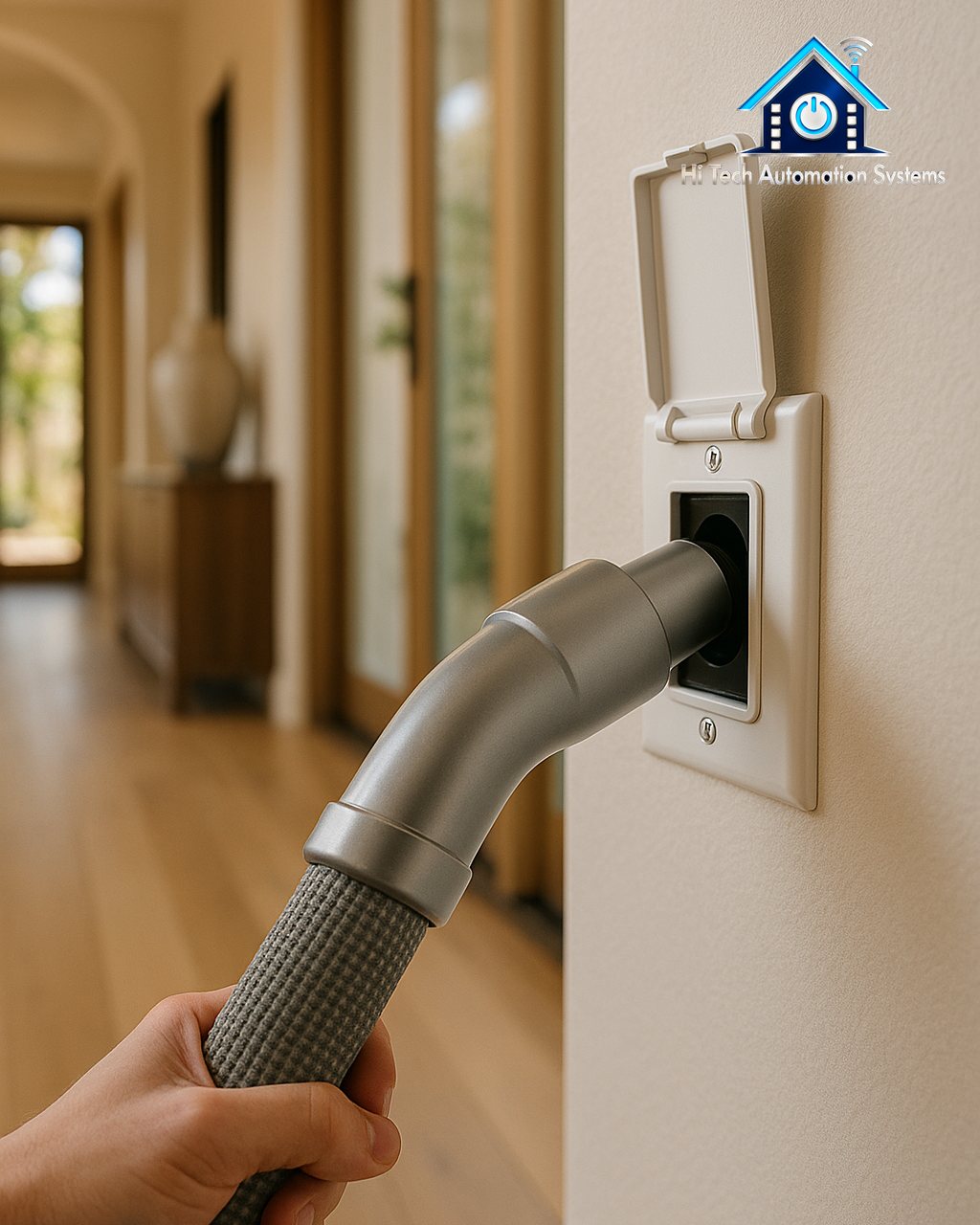 A central vacuum hose being plugged into a white wall inlet in a hallway.