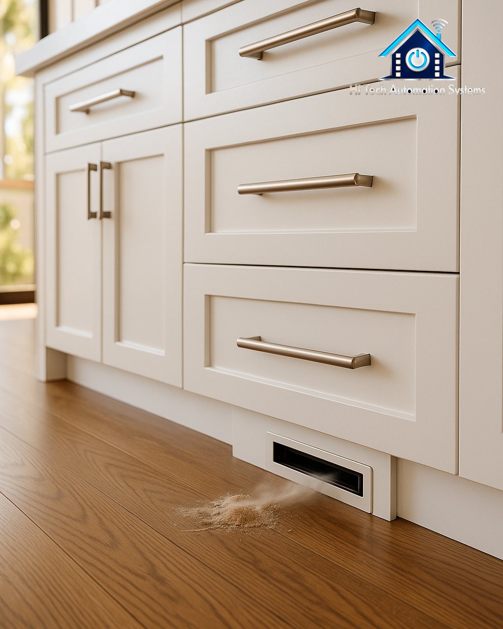A toe-kick vacuum sweep inlet at the base of white kitchen cabinets.