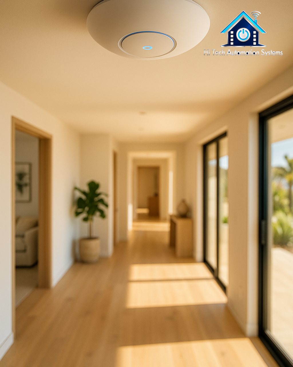 A white Wi-Fi access point mounted on a hallway ceiling.